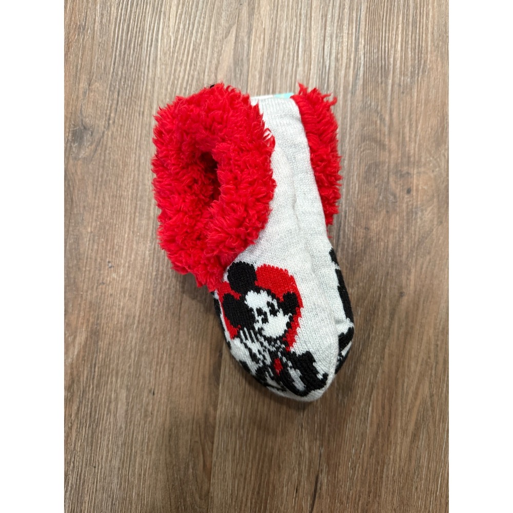 Disney Mickey Mouse Gray Red Faux Fur Lined Slipper Socks Womens Size 4-10 NWT